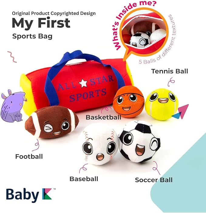 My First Sports Bag with 5 Plush Sports Balls - Rattle Ball with Sound - Sensory Toys for 1 Year Old - Toys for Toddler - Rattles Gift for 1 Year Old