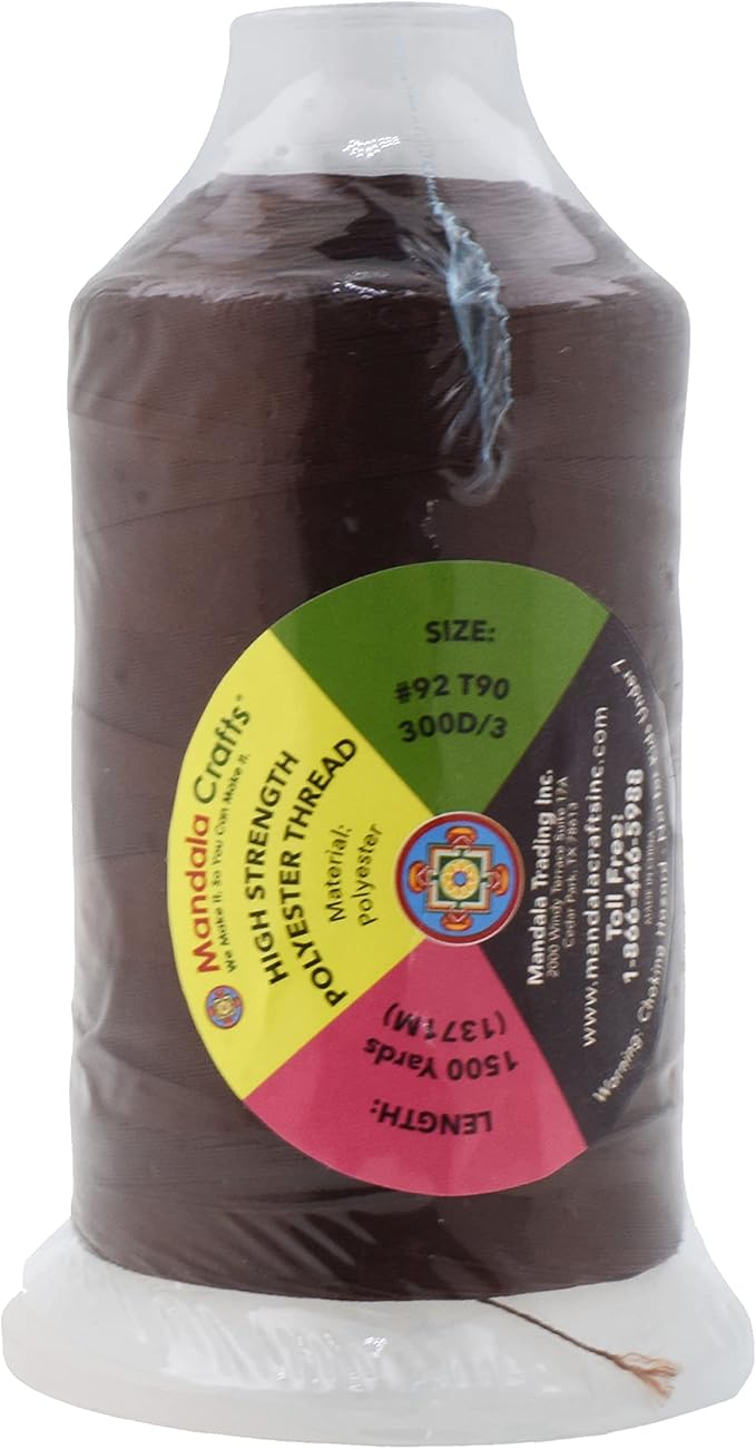 Mandala Crafts Brown Heavy Duty Thread - 1500 Yds Tex 90 for Sewing Drapery, Jeans, Leather, Hair - Bonded Polyester for Outdoor, Marine, Upholstery