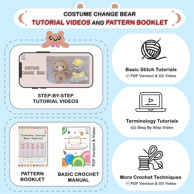LoopMap Crochet Kit for Beginners - DIY Amigurumi Bear with Removable Dress & Accessories - Step-by-Step Video Tutorials, Extra Yarn, Crochet Tools, Handmade Gift for Kids & Adults (Bear K02, Blue)