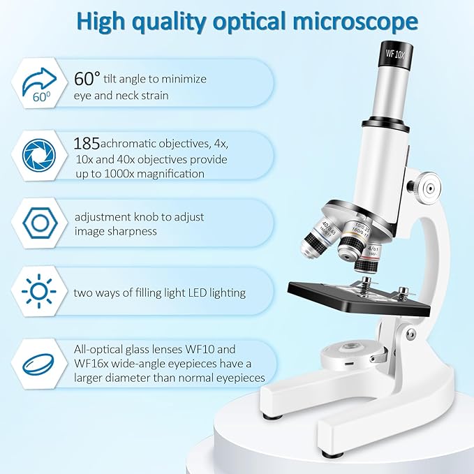 Microscope for Kids 40X-2000X Magnification, Microscope for Kids 8-12 Years with LED Fill Light, Cell Phone Holder, Great for School Labs and Homeschooling