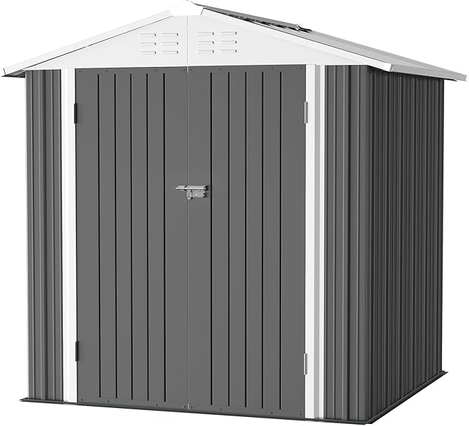 JUMMICO Metal Outdoor Storage Shed 6 x 4 FT Metal Shed with Lockable Door,Waterproof Garden Tool Shed Storage House for Backyard Patio Lawn,Grey