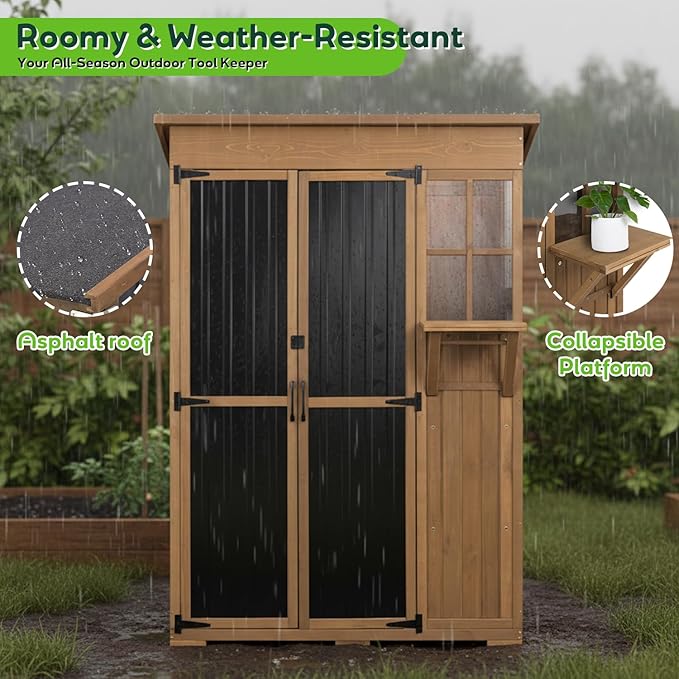 Large Outdoor Storage Cabinet Waterproof with Shelves, Outside Storage Shed Tall Backyard Cabinet with Fold-Out Table for Patio, Garage, Garden, Pool Accessories Storage (70.5" H x 51" L)