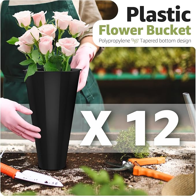 Flower Display Stand 3 Layers with 12 PCS Round Buckets, Plant Stand with Wheels, Movable Metal Plant Stand for Terrace Garden, Florist Shop