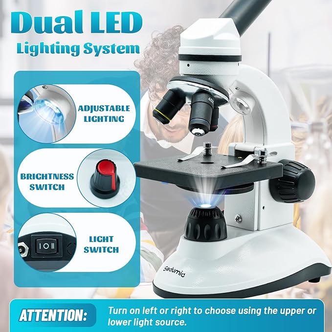 Microscope for Kids Starter Adults 64X-1280X Metal Monocular Microscope for Students School Home Education LED Lights Phone Holder Microscope Kit