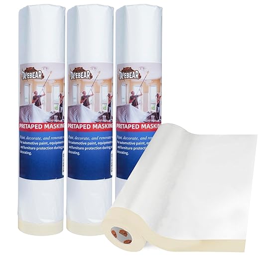 TAPEBEAR Upgrade Pre-Taped Masking Film Extra Thick, High Temp Tape and Drape 102" x 90', Plastic Cover for Automotive, Painting, Plastic Sheeting Masking Tape Film for Auto, Floor, Furniture, 4Rolls