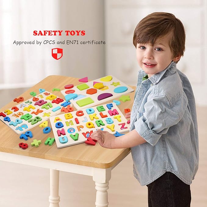 Wooden Puzzles for Toddlers, Voamuw Alphabet Number Shape Learning Puzzle for Kids Ages 3 4 5, Montessori Toys Preschool Education Chunky Jigsaw for Boys and Girls