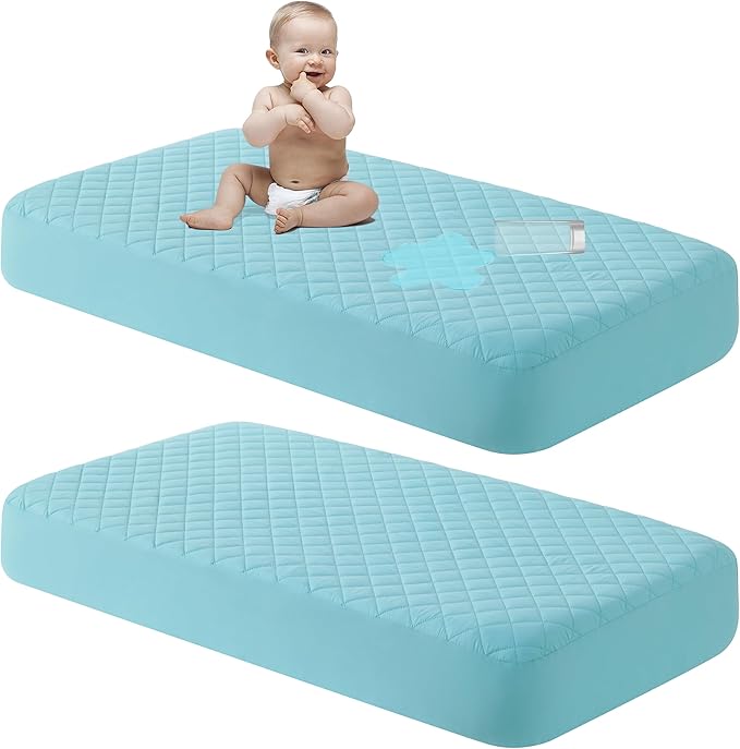 NTBAY 2 Pack Waterproof Crib Mattress Protector, Quilted 28"x52" Toddler Fitted Sheet - Machine Washable - Soft and Breathable Mattress Pad Cover for Crib, Nursery, Daycare, Cot, Aqua