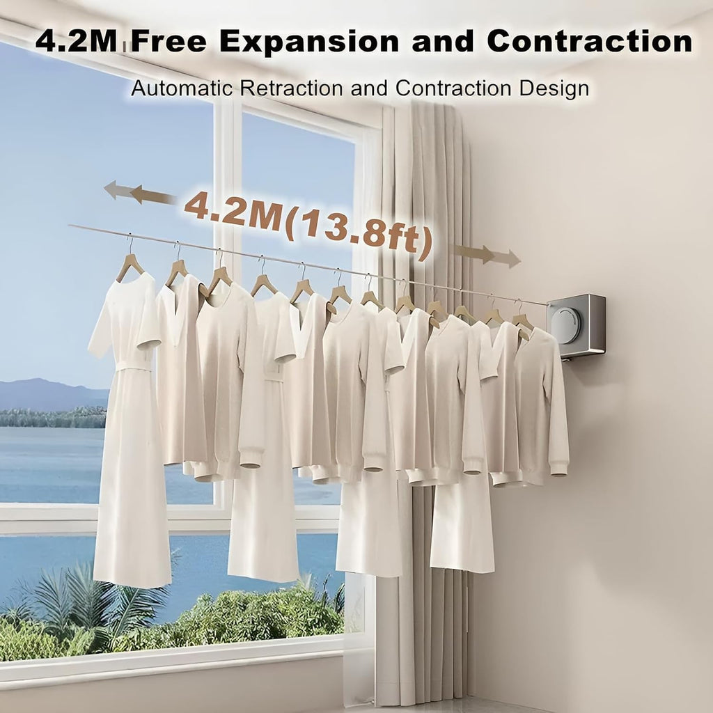 13.8ft(4.2M) Retractable Clothesline, Non-sag Clothesline, Indoor & Outdoor Heavy Duty Retractable Clothesline, Wall Mounted Stainless Steel Washing Line (Gray)