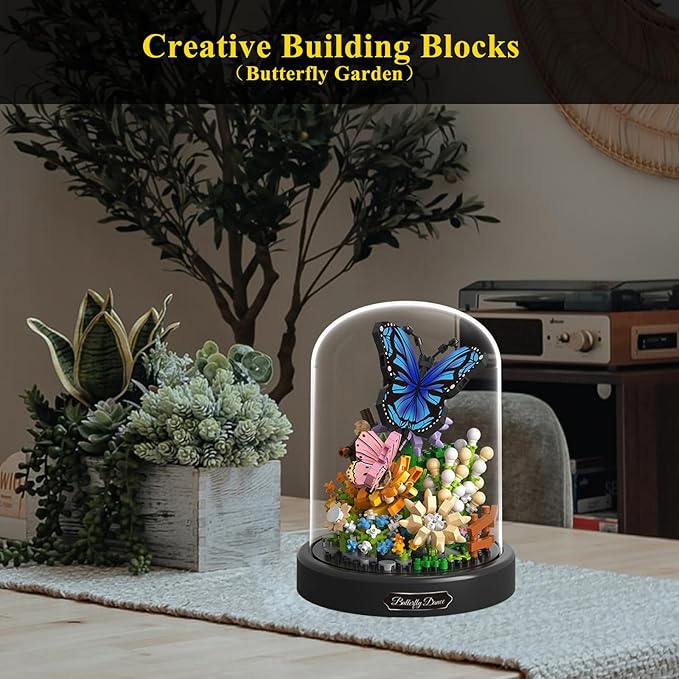 Flower Bouquet Building Set for Adult,Mini Plant Bonsai Tree Friend Set,Botanical Collection Gift for Kids,Home Decor Building Block, New Year Birthday Gift for Women Boys Girls(Butterfly)