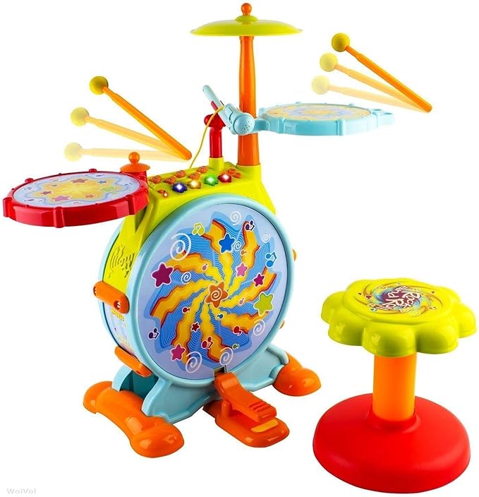 Play Baby Musical Big Toy Kids Drum Set with Adjustable Mic and Seat - Many Functions and Activities for Hours of Play - Pretend to Be A Real Drummer with Drumsticks, Pedals, and Bass Drum