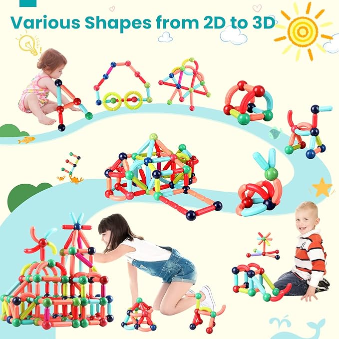 BAKAM Magnetic Building Blocks for Kids Ages 4-8, STEM Construction Toys for Boys and Girls, Large Size Magnetic Sticks and Balls Game Set for Kid’s Early Educational Learning (64PCS)