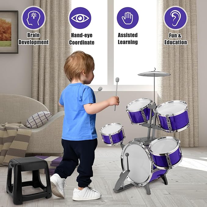 Kids Jazz Drum Set Rock Kit Toys for 3-7 Year Olds - 5 Piece Toddler Band Musical Instrument Educational Percussion Birthday Playset