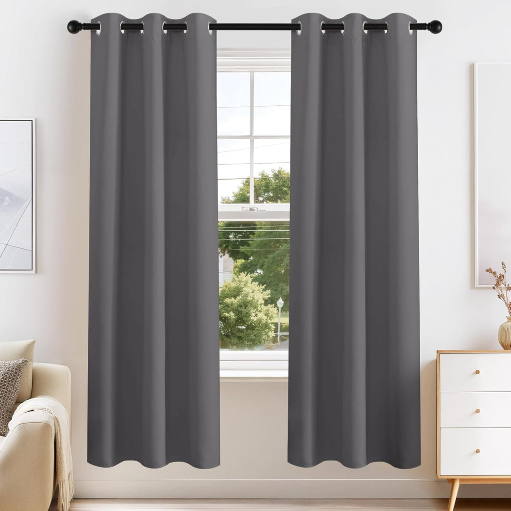 PONY DANCE Grey Blackout Curtains for Bedroom 63 Inch Length 2 Panels Set, Thermal Insulated Energy Saving Grommet Top Window Treatment Drapes for Living Room, W34 x L63 Inch