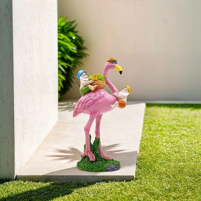 Gnomes Flamingo Garden Statue – Resin Sculpture for Yard, Patio or Lawn Decor – Funny Garden Gnome Gift for Mom, Women, Friends (No Lights)