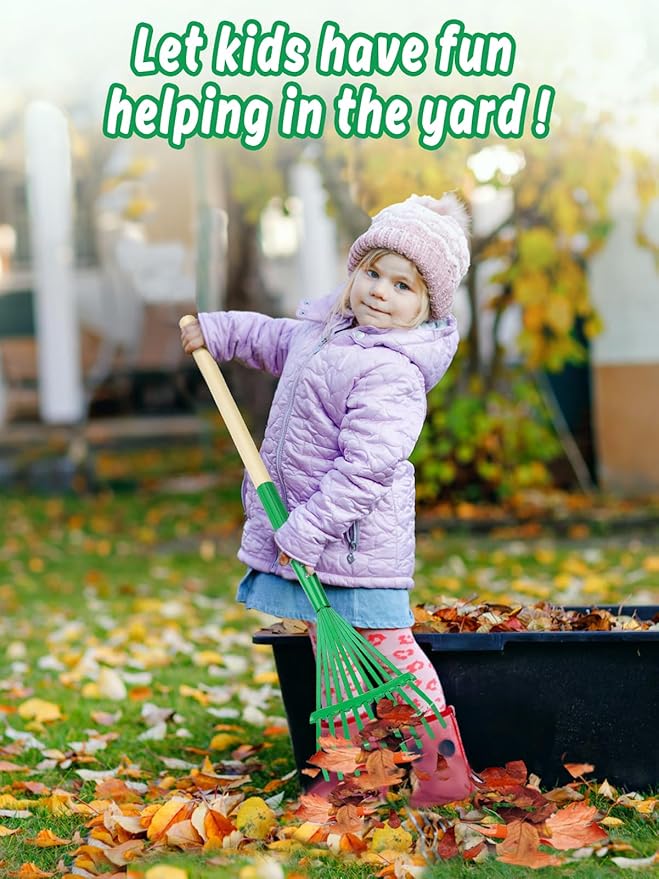 Kids Friendly Rakes for Leaves - 28" Child Size Small Rake with Durable Metal Head & Hardwood Handle, Real Lawn Garden Yard Tools for 3+ Years Kids Enjoy Helping Work Gifts (Green)