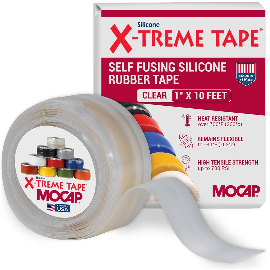 X-Treme Tape MOCAP Heavy Duty Electrical Tape, Self-Fusing Silicone Rubber, Waterproof & Insulating Flexible Tape, Electrical for Hose, Automotive, Outdoor & Repairs - 1" x 10ft Roll - Clear