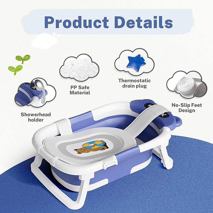 AVIDOR Baby Bathtub,Collapsible Bathtub for Newborn to Toddler,Durable Essential Infant Bath Tub,Portable Travel Baby Bathtub with Soft Cushion,No-Slip Hanging and Detachable Bathtub(Navy Blue)