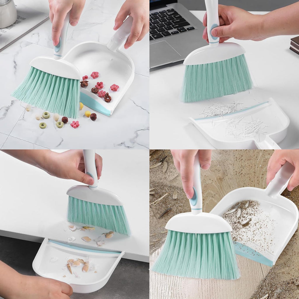 NACENA Small Dust Pan and Brush Set, Mini Broom and Dustpan Set Small Hand Broom and Brush Combo Dust Pan with Teeth for Home Cleaning Drawers Desktop Sofas Pet Care and Outdoor, Blue