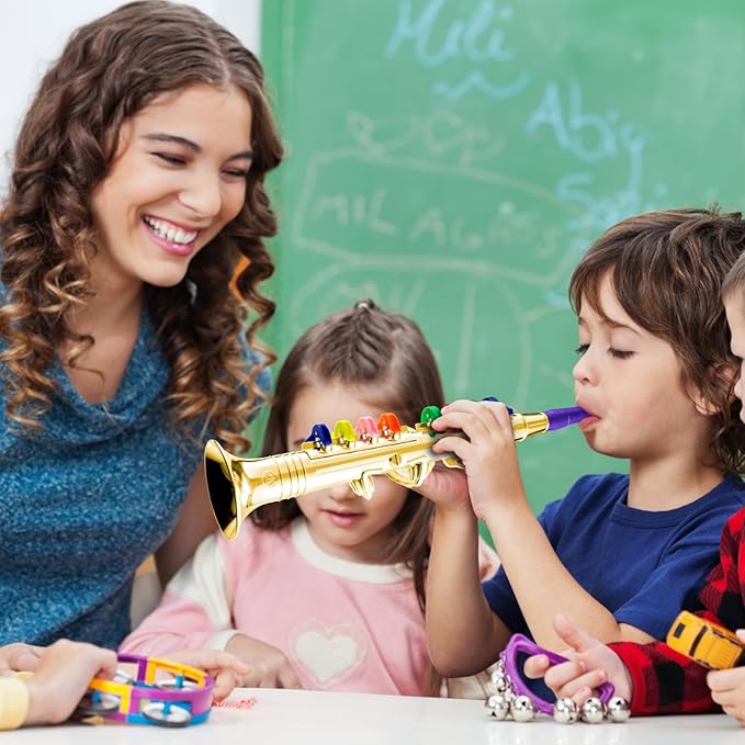 Amylove Set of 2 Toy Trumpet and Clarinet for Kids Toddlers Plastic Instruments Fake Music Toy Portable Early Educational Toys Teaching Songs Musical Gifts(Gold)