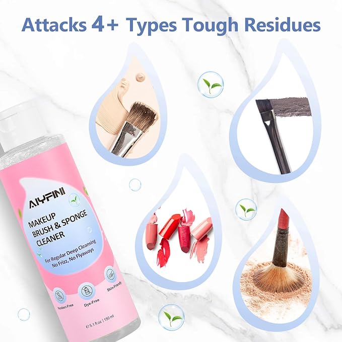 Alyfini Makeup Brush & Sponge Shampoo, Ultra Concentrated, Deep Clean Foundation/Lipstick, Professional Cleanser Solution, Efficient Dissolves Residue on Make Up Brushes/Sponges/Puff, 5.1 Fl Oz/150ml