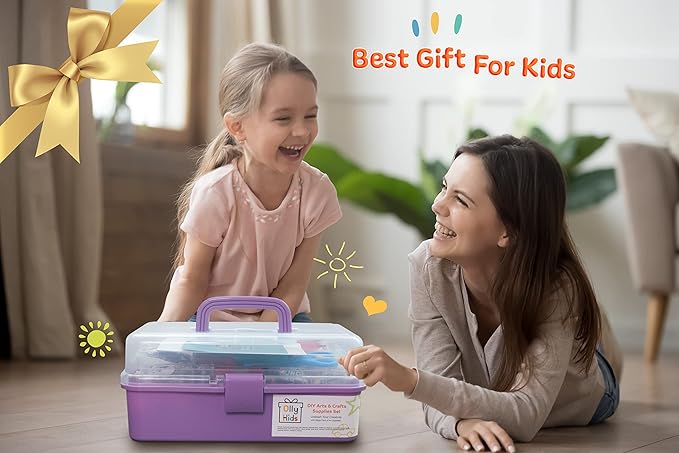 Olly Kids Arts and Crafts Supplies for Kids Girls 4 5 6 7 8 9 10 11 & 12- Ultimate Crafting Supply Carboodle in Portable 3 Layered Plastic Art Box