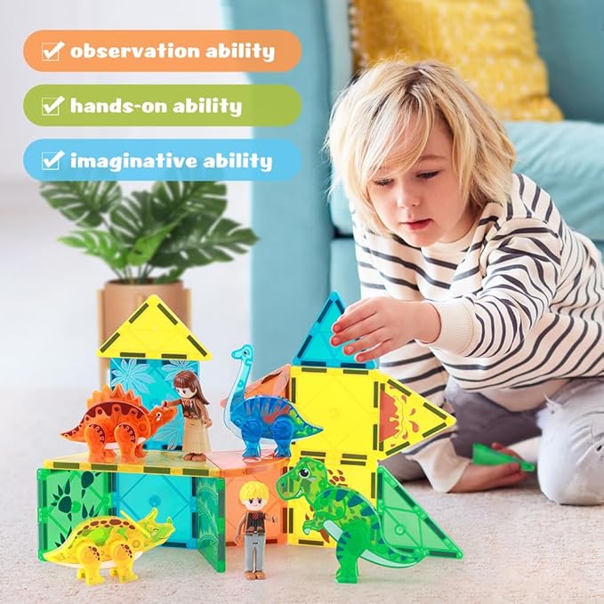 Dinosaur Magnetic Tiles,Animals Magnet Building Blocks Toys Dino World,3D STEM Educational Magnet Tiles for Boys Girls Kids Age 3 4 5 6 7 8