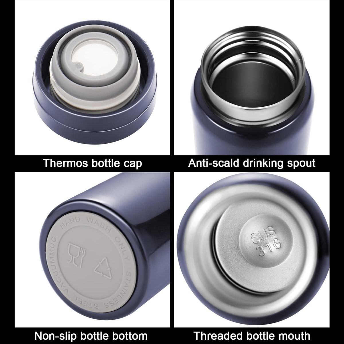 10oz Mini Water Bottle Stainless Steel Thermos Small Flask - Insulated Vacuum, Leak Proof, Keeps Drinks Hot/Cold - Ideal for Coffee, Tea, Water - Blue