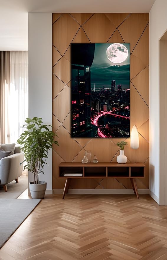 SpiritualHands Moon And City Glass Wall Art Painting for Living Room, Tempered Glass Modern Prints Decor, Large Vivid Color Panel for Bedroom, Kitchen, or Office