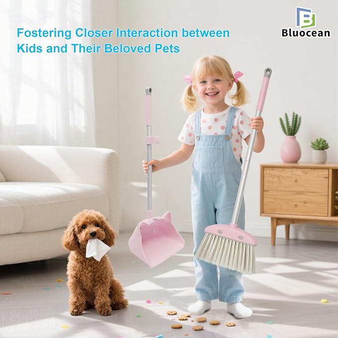 28′′ Mini Broom and Dustpan Set for Kids-Ideal Kids' Toys as Gifts, Parent-Child Interactive Cleaning Tool, Cute Cartoon Design, Household Helper for Toddlers, Small Safe Corner Broom(Pink Puff)