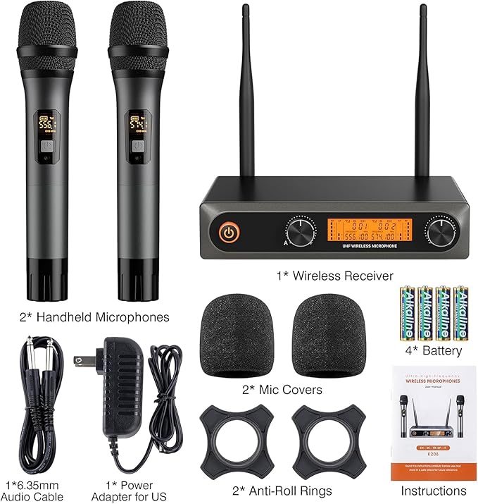 Wireless Microphone Karaoke System, Dual UHF Cordless Dynamic Mic Handheld Microphone System, 100ft Range, for Karaoke, Meeting, Party, Home KTV Set, Wedding, Church, DJ