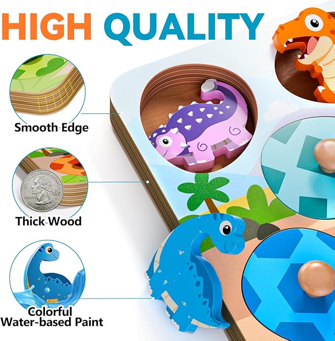 Dinosaur Wooden Puzzles for Toddlers 1-3, Montessori Toys for 1 2 Year Old Boy Birthday Gifts, Dinosaur Matching Eggs Peg Puzzles for Toddlers Age 2-4, Preschool Learning Activities for Girls