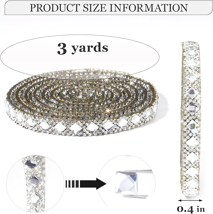 Rhinestone Ribbon 3 Yards Self Adhesive Rhinestone Strips Diamond Ribbon Sticker Crystal Roll Glitter Bling Rhinestones Tape for Crafting DIY Art Decoration (Clear,0.4 Inch)