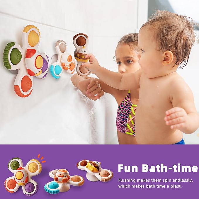 LiKee Strong Suction Cup Fidget Rotating Sensory Bath Toys for Baby 12 18 Months Airplane Car Travel Table & Window Toys for 1 2 Years Old Toddler Boys and Girls (Space-2)