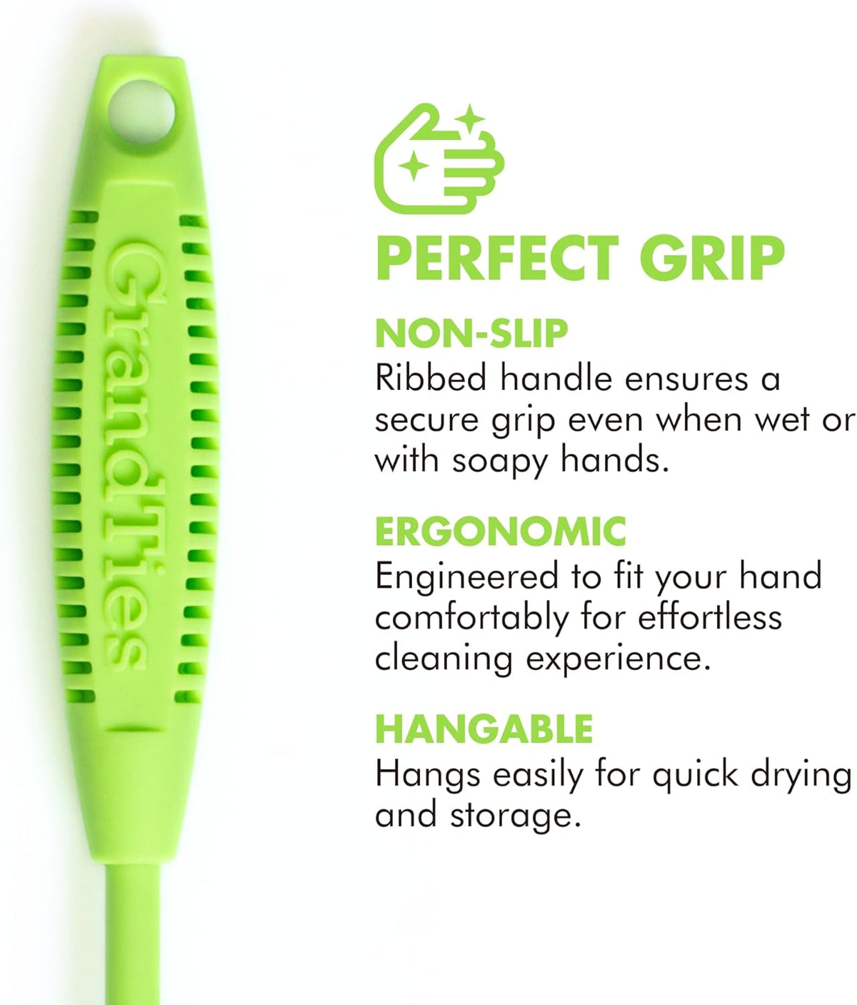 GrandTies Silicone Cleaning Brush Set | Extra Long Brush for Narrow Neck, Water Bottle, Cup, Mug, Blender, Tumbler, Hydro Flask, Baby Bottle, Wine Glass (Fresh Mint)