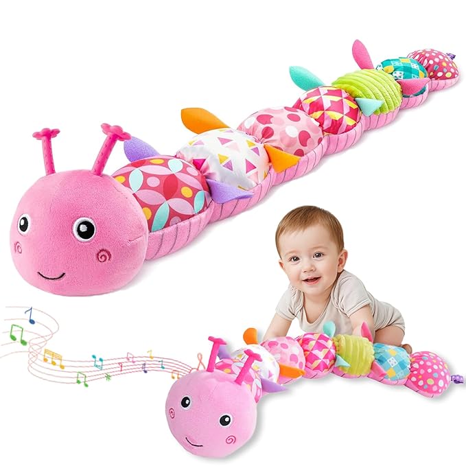 Baby Sensory Toys 0-12 Months, Plush Toys with Music and Rattle, Suitable for Newborn Baby Tummy time, can be Used as a Newborn Birthday, Holiday, Baptism Gift (Pink Caterpillar)