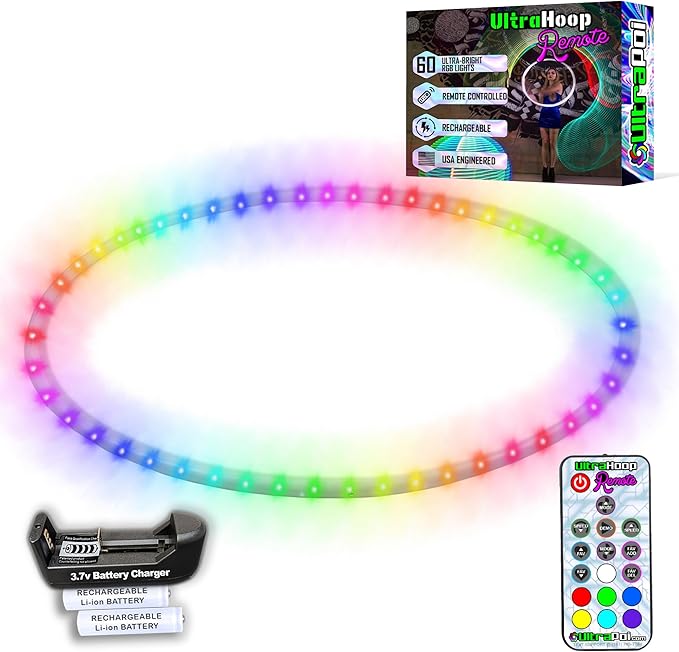 UltraHoop Remote LED Hoop - Wireless Control 60 Color Changing LED Lights w/ 300+ Modes & Patterns - Rechargeable Battery, HDPE Collapsible, Advanced to Beginner Hoola Hoops - 34” x 3/4" OD - UltraPoi
