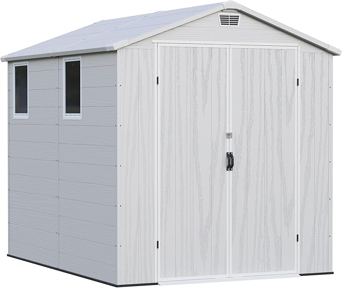 Greesum 6x8FT Plastic Outdoor Storage Shed with Floor, Resin Sheds with Lockable Double Door, Windows & Vents, All-Weather Tool Sheds for Garden, Backyard, Patio, Light Gray