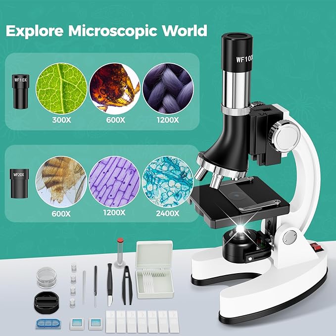 2400X Kids Microscope Science Kit - Handheld Microscope for Kids with Prepared Slides Metal Body LED Light Carrying Box Educational Compound Toy Set for Children Ages 8-12 5 Year Old Boys & Girls Gift