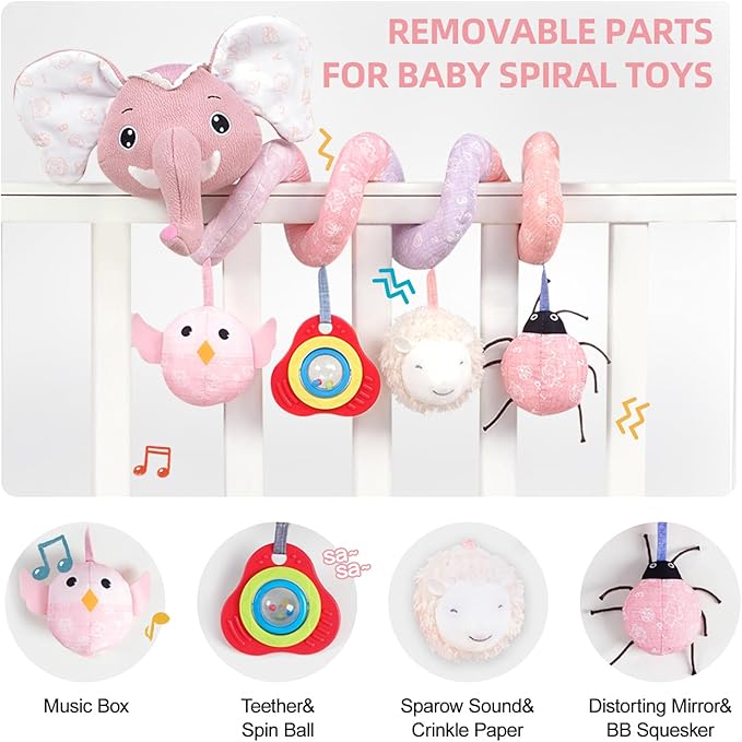 Koty Newborn Car Seat Toys, Stroller Toys for Babyies 0-6 Months,Infant Activity Spiral Plush Toys Hanging - Carseat Stroller Crib with Musical Rattle Toy for Boys Girls 0 3 6 9 Months