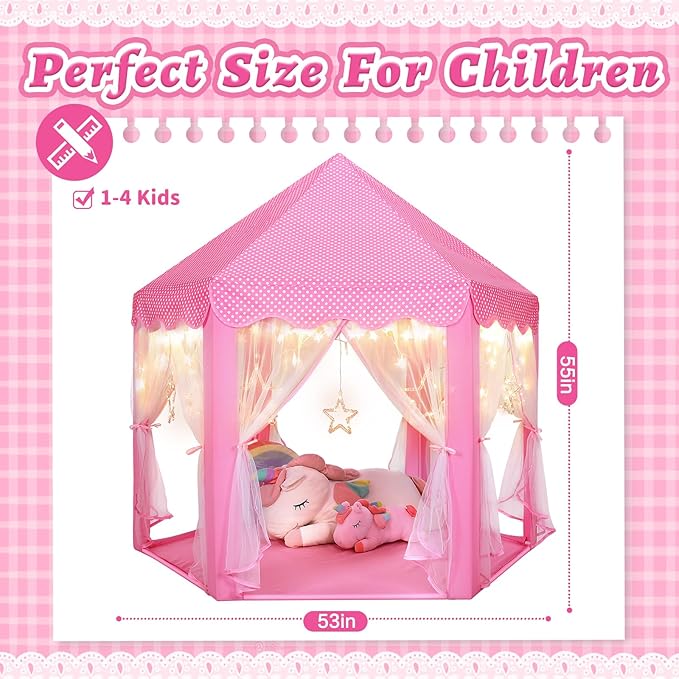 Monobeach Princess Castle Play Tent for Girls - Large 55'' x 53'' Playhouse with Star Lights for Indoor and Outdoor Play