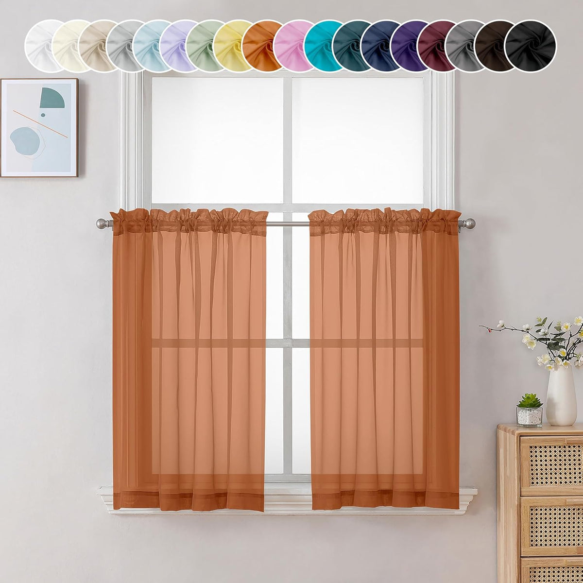 Chyhomenyc Sheer Orange Tier Curtains 24 Inch Length, Small Window Curtains Treatment for Bathroom Living Room Basement, Short Rod Pocket Cafe Curtain, 42W x 24L Inches, 2 Panels