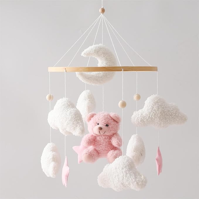 EERKEOD Baby Crib Mobile Bear Nursery Mobile for Boys Girls Teddy Velvet Mobile Nursery Decor for Infant Bedroom Hanging Baby Mobile for Bassinet Newborn Baby Gift（Pink Bear）