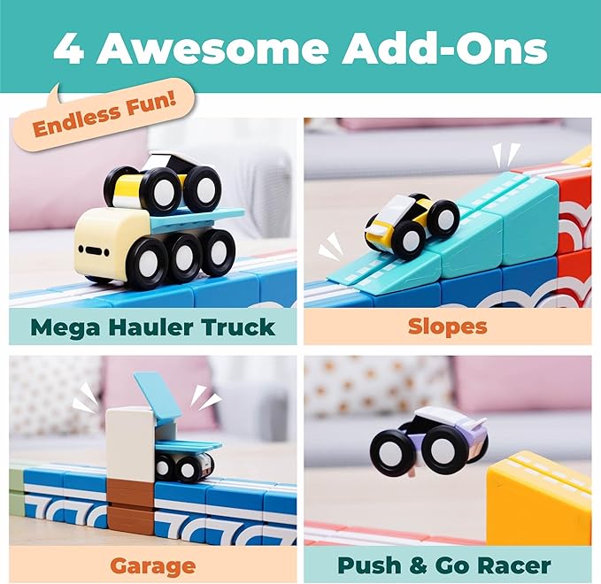 QBI Magnetic Blocks Play Starter Set｜4-in-1 STEM Building Blocks with 4 Cars & 3D Track Tiles｜Educational Sensory Magnet Toys｜Preschool Montessori Toys for Kids Ages 3-5-8 Year Old Boys and Girls