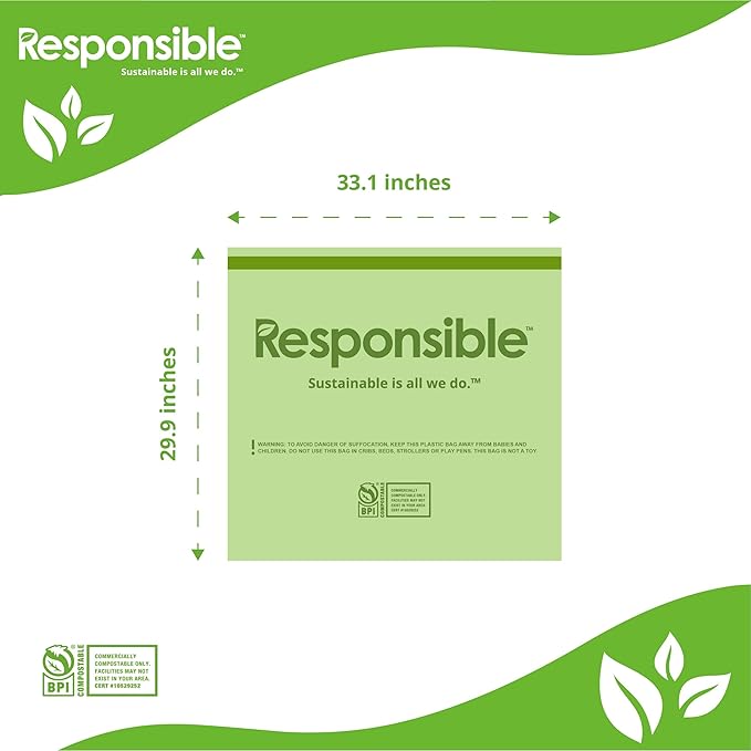 Responsible Products Kitchen Bin Liners, Certified Compostable, Heavy Duty Multipurpose Food Scrap Bags, Made from Compostable Materials (30 Gallon Drawstring, (18 Count))
