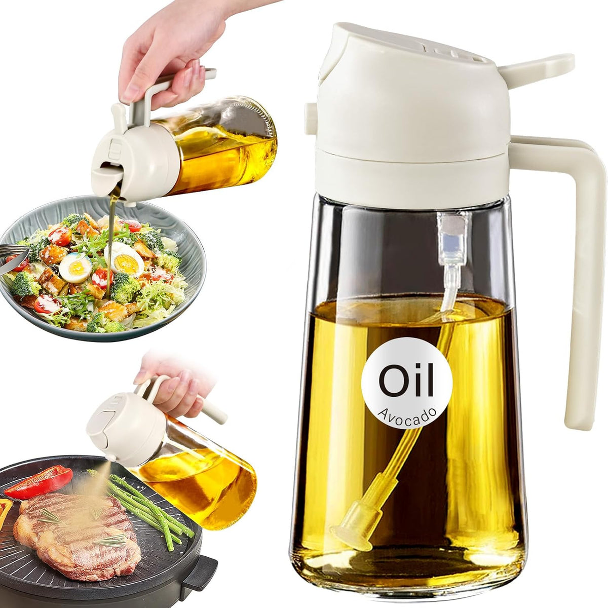 YARRAMATE 16oz/470ml Glass Olive Oil Sprayer for Cooking with Stickers, 2 in 1 Oil Dispenser for Kitchen Gadgets, Food Grade Premium Spray Bottle for Salad, Frying, BBQ (Creamy White)