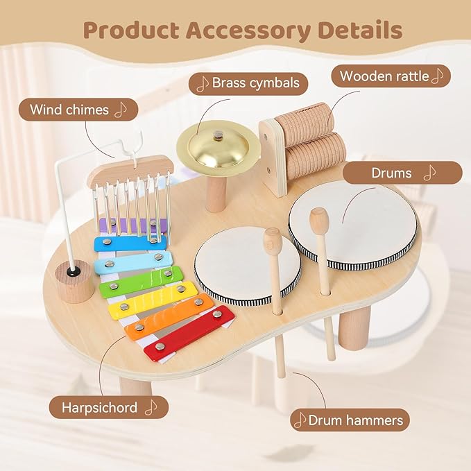 Promise Babe Wooden Drum Set for Toddlers 1-3, Musical Percussion Instruments for Kids Baby Drum Set Xylophone, Montessori Educational Musical Toys, Gifts for Girls Boys Ages 3+
