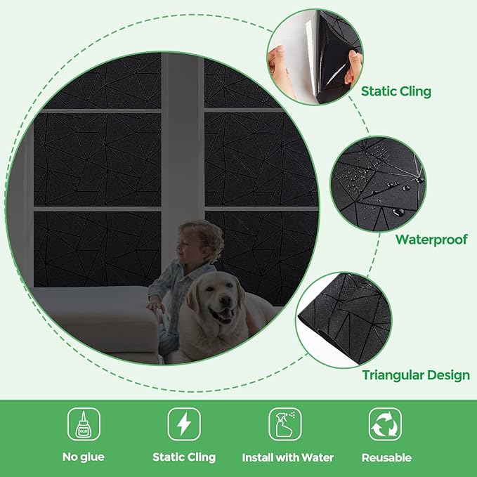 Coavas Blackout Window Privacy Film, Frosted Glass Static Cling, Decorative for Bathroom Door, UV Blocking Window Cling, Non-Adhesive Vinyl Sticker, Day and Night Windows Tint for Home,17.5x78.7 inch