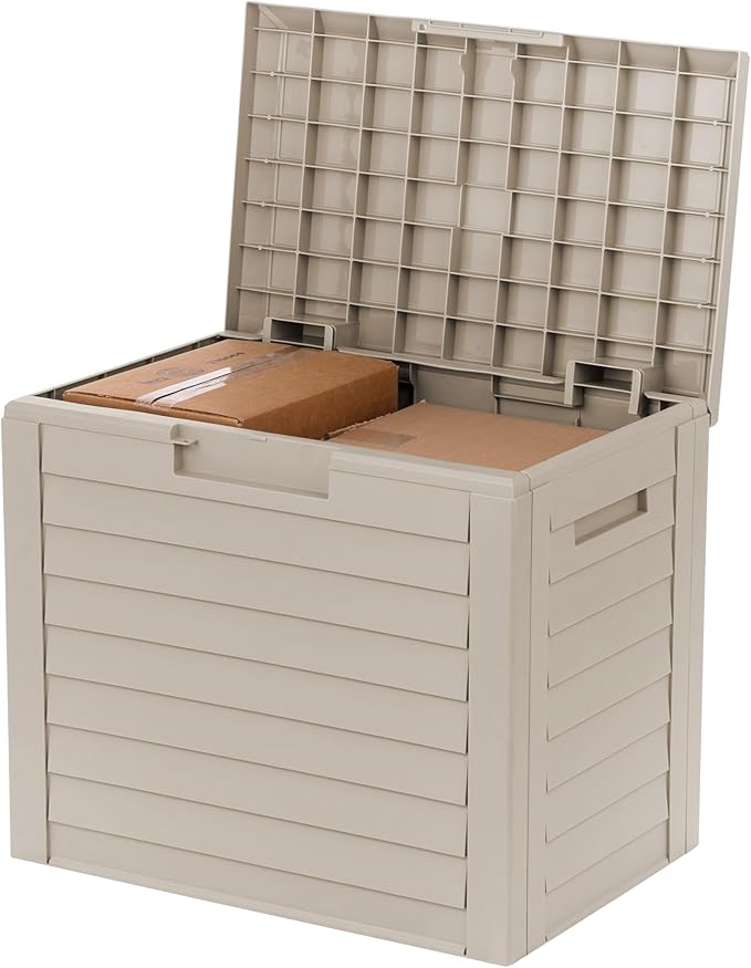 IRIS USA 35-Gallon Outdoor Deck Delivery Storage Box, Lockable & UV-Protected, Weather-Resistant Patio Storage for Cushions, Garden Tools & Packages, Waterproof Resin, Durable & Stylish Design - Beige