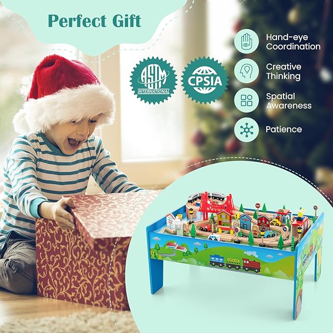 GLACER 80-Piece Train Table, Large Multipurpose Wooden Toy Activity Table Playset with Reversible Detachable Tabletop, Railway Tracks, Trains, Cars, DIY Design, Gift for Boys Girls Age 3+, Multi-Color