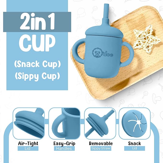 O'doe 17-Piece BPA-Free Silicone Baby Feeding Set | Thick & Soft Suction Plates, Baby Bowls, Wooden Fork & Spoon, and More | Make Mealtime Fun and Easy for Your Little One (Blue, V2)